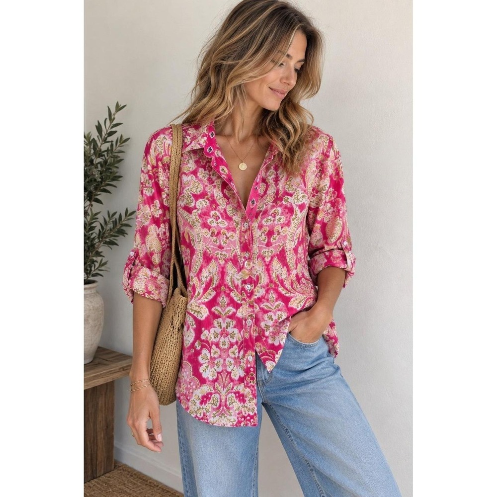 Eclectic Folk Maximalist Boho Fuchsia Paisley Crinkle Tunic Top Blouse M